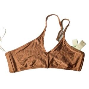 NWT Aerie Shine Rib One Shoulder Bandeau Bikini Top Brown XL Light Brown Tan